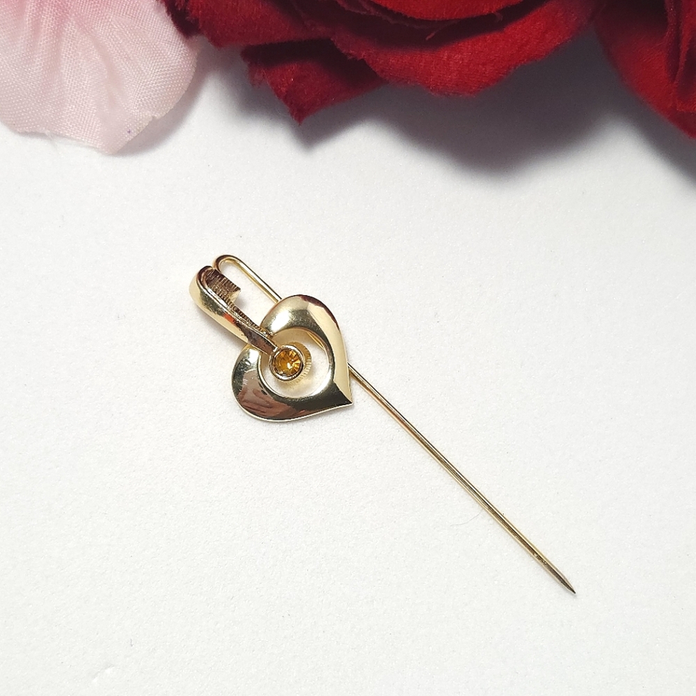 Vintage Gold Tone Heart Topaz Crystal Hat Pin Stick Pin